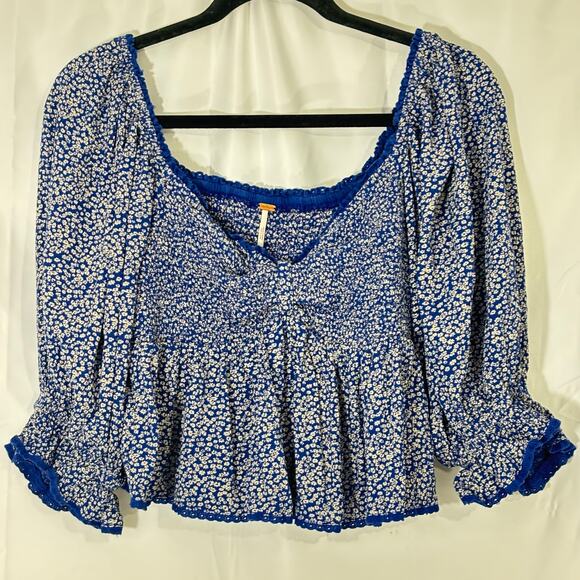 Free People Brittnee Printed Smocked-Back Peplum Top – Blue Floral – Size S - Picture 2 of 7